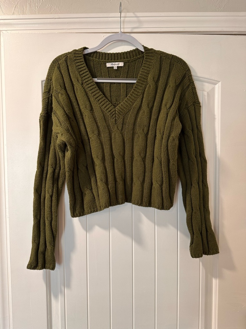 Madewell Olive Cable-Knit V-Neck Sweater